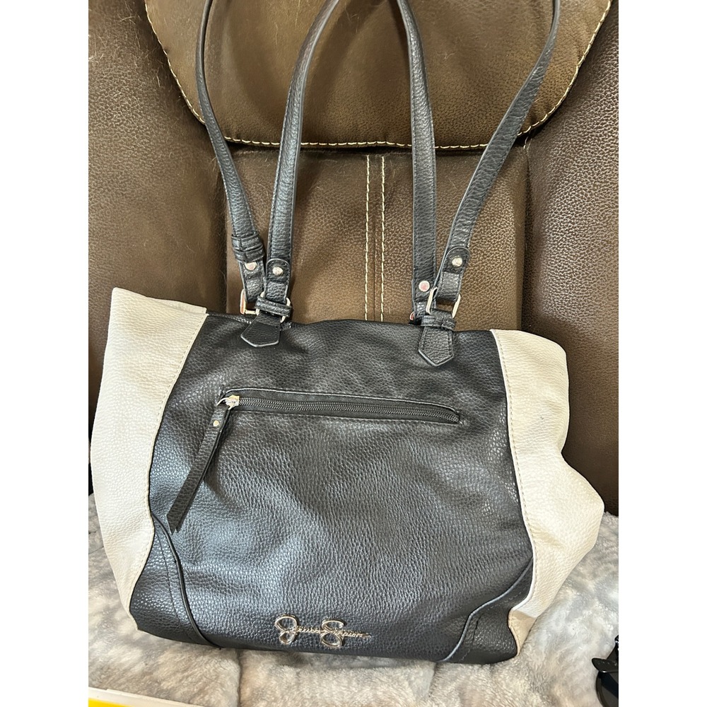 Jessica Simpson Black Cream Colorblock Tote Shoulder Bag Leopard Print Lining